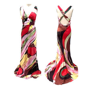 VTG Y2K Akira Satin Multi color Halter Dress Long flowy Size Medium